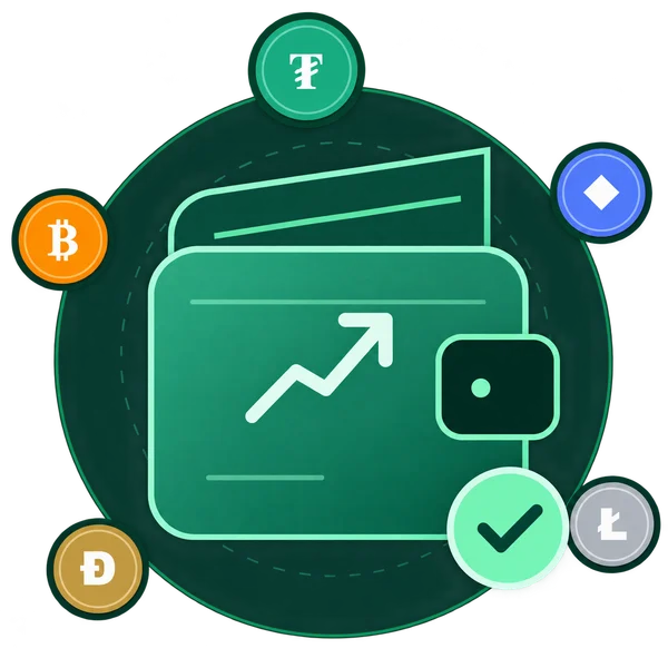 Crypto rewards wallet with Bitcoin, Tether, Ethereum, Litecoin and Dogecoin badges